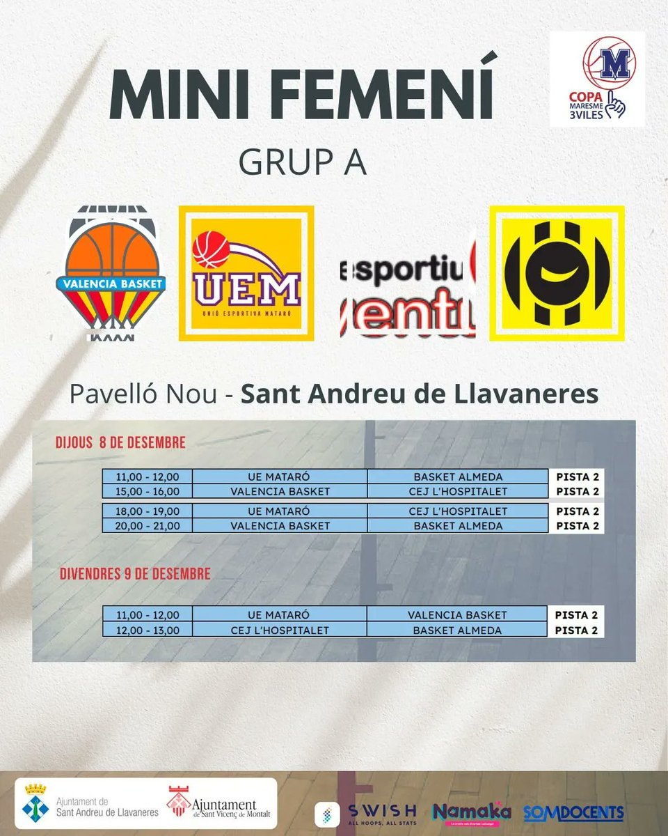 CopaMaresme3V's tweet photo. Grups i Horaris Mini Femení 🔥

Grup A
@valenciabasket @uemataro @basketalmeda @cejlhospitalet 

Grup B
@fcbbasket_fem @em_elolivar @femenisantadria @basquetgirona Uni Laia Palau https://t.co/rdGJlkMWq6