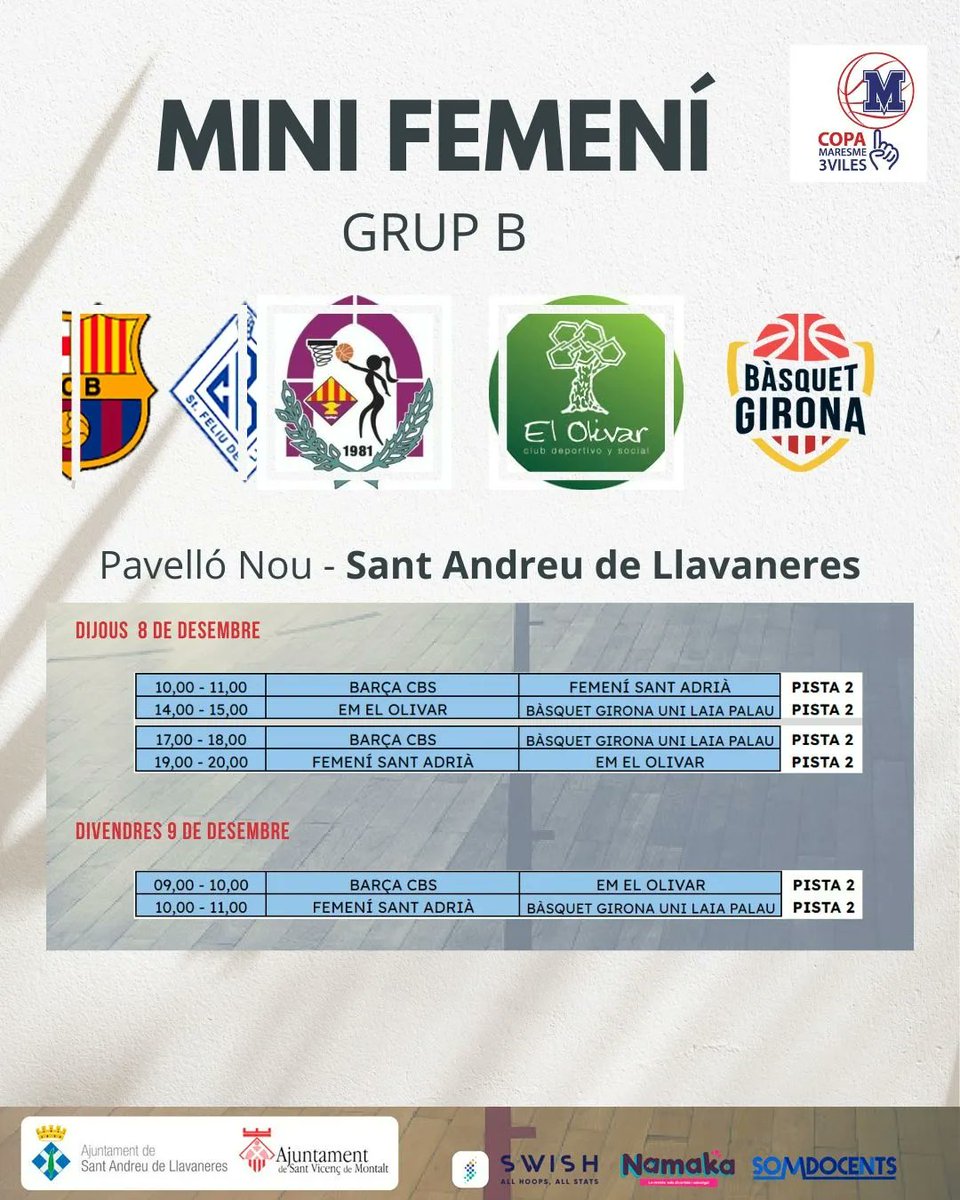 CopaMaresme3V's tweet photo. Grups i Horaris Mini Femení 🔥

Grup A
@valenciabasket @uemataro @basketalmeda @cejlhospitalet 

Grup B
@fcbbasket_fem @em_elolivar @femenisantadria @basquetgirona Uni Laia Palau https://t.co/rdGJlkMWq6