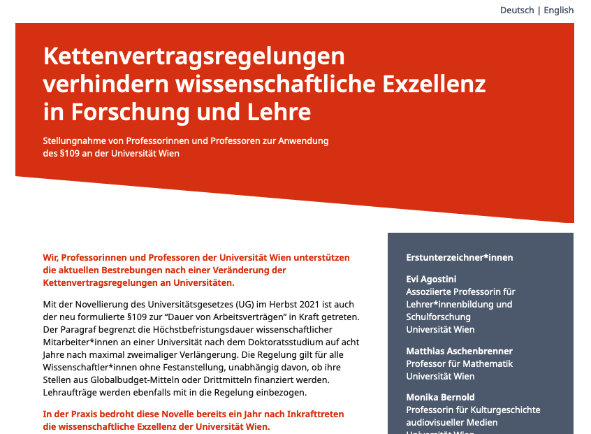 🚨 Kettenvertragsregelungen verhindern wissenschaftliche Exzellenz in Forschung und Lehre

Stellungnahme von Professorinnen und Professoren an der Universität Wien

kettenvertrag-reformieren.at

#ugnovelle #unterbau #ichbinhanna @nuwiss_at <a href="/Ichbin_Hanna/">Hanna</a> #firstistfrust <a href="/IGLektorInnen/">IG LektorInnen</a>