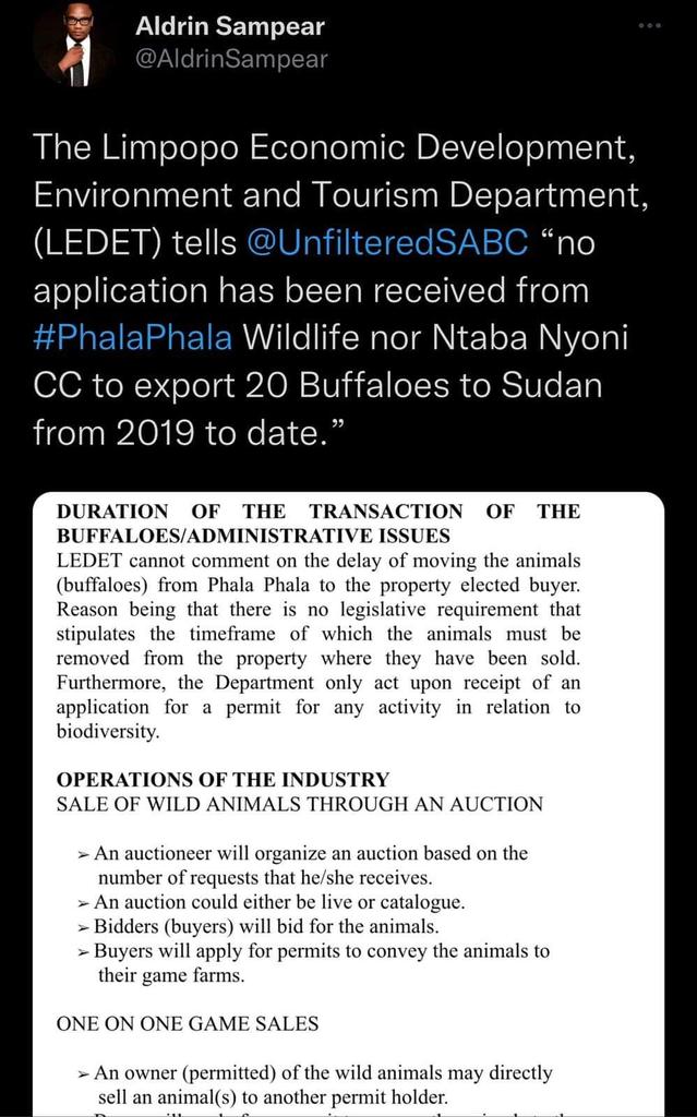 So Phalaphala is exporting wild game without an export license..Thixo