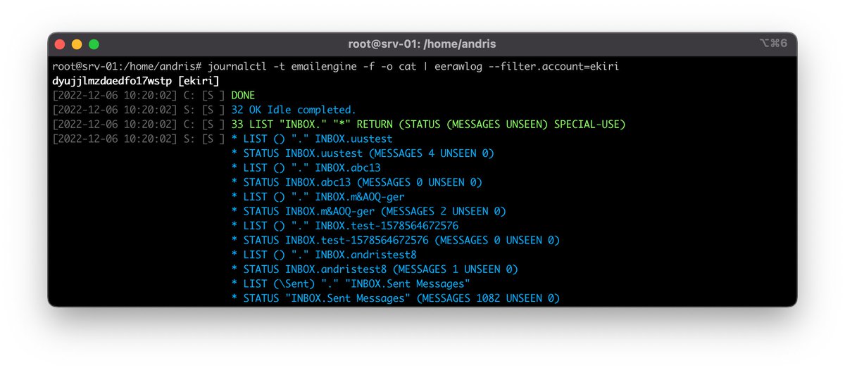 Tip of the day. You can monitor IMAP traffic live for an email account in EmailEngine with journalctl and eerawlog. It comes in handy if you want to see what EmailEngine does if you run a request.
emailengine.app/logging#journa…