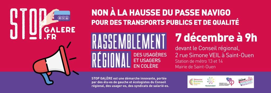 Mobilisé.e.s avec la gauche et les écologistes pour dire oui aux transports en commun de qualité 🚍 et non à la hausse Pécresse du pass Navigo avant le conseil d'<a href="/IDFmobilites/">IDF Mobilités</a> de demain.
▶️Prochain rdv : mercredi 7/12 à 9h devant le conseil régional à St-Ouen ! ✊
#StopGalere