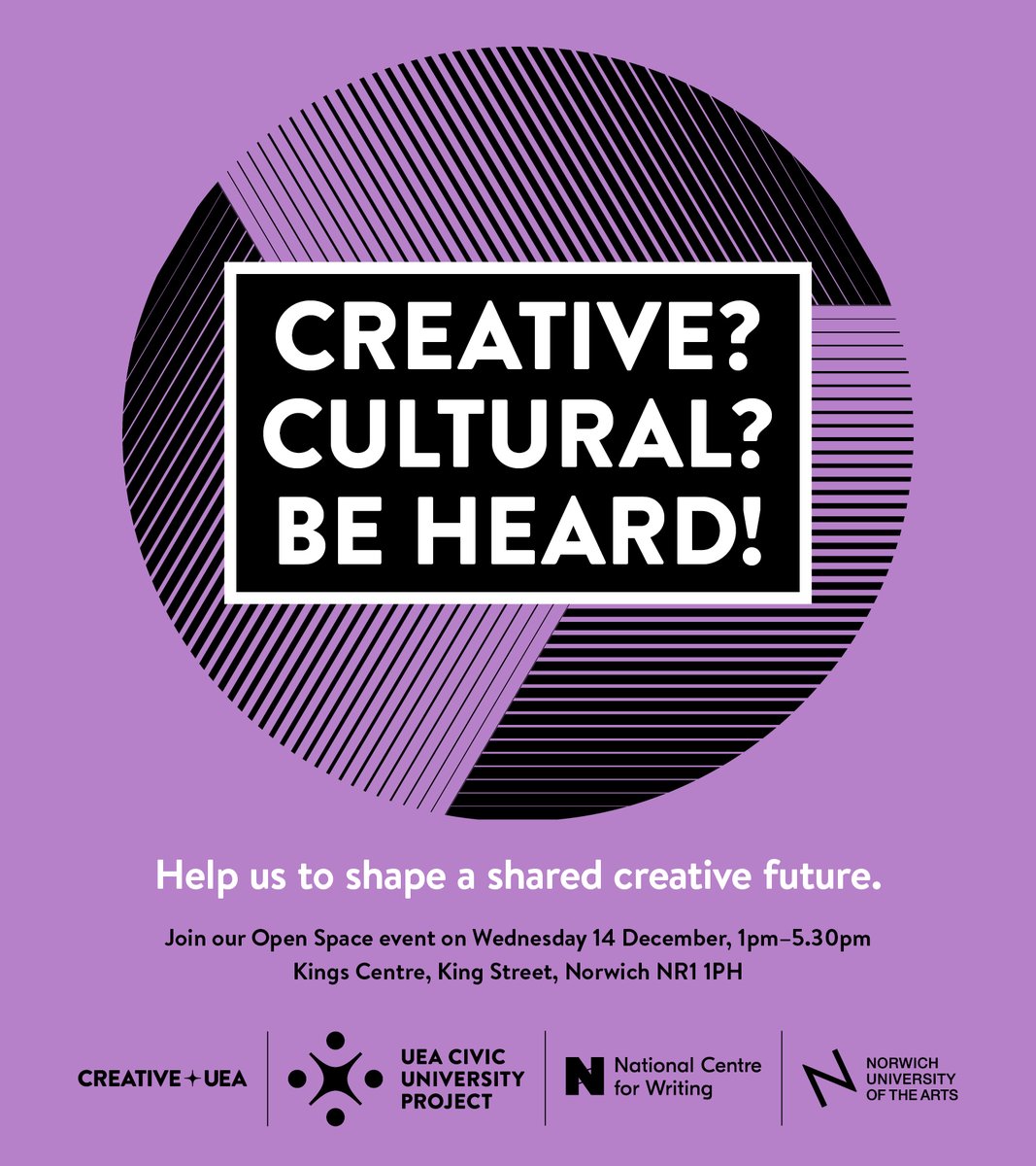 CreativeUEA (@creativeuea_) on Twitter photo 🔜 <a href="/uniofeastanglia/">UEA</a>, <a href="/NorwichUniArts/">Norwich University of the Arts</a> and <a href="/WritersCentre/">National Centre for Writing</a> want to know how higher education institutions can better support the region’s creative communities.
To contribute your ideas, sign up for next week's event in #Norwich
➡️ gck.fm/lbfra 🔜 <a href="/uniofeastanglia/">UEA</a>, <a href="/NorwichUniArts/">Norwich University of the Arts</a> and <a href="/WritersCentre/">National Centre for Writing</a> want to know how higher education institutions can better support the region’s creative communities.
To contribute your ideas, sign up for next week's event in #Norwich
➡️ gck.fm/lbfra