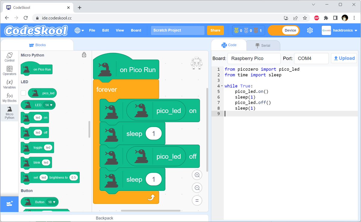 HacktronicsIn's tweet photo. Program @Raspberry_Pi Pico using #MicroPython with #Scratch using #CodeSkool.
Follow the guide:
https://t.co/gGXksSyoNp
#Coding #PicoW #RaspberryPi #mPython #Python #STEM #STEMeducation #CodingForKids #MakerEd #Blink #Arduino https://t.co/sJZNtJCAVy