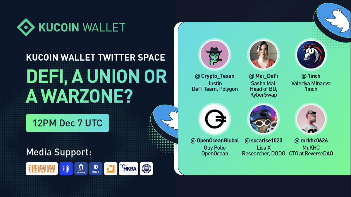 HaloDotSocial's tweet photo. 🥳The 2nd Twitter Space hosted by #KuCoinWallet is coming!

Our amazing guests:
@0xPolygon @KyberNetwork @1inch @OpenOceanGlobal @BreederDodo @REVDReverse 

⏰12 PM(UTC), Dec 7
📍Venue: https://t.co/slbSYkU7LB https://t.co/7zuvHUp4bV