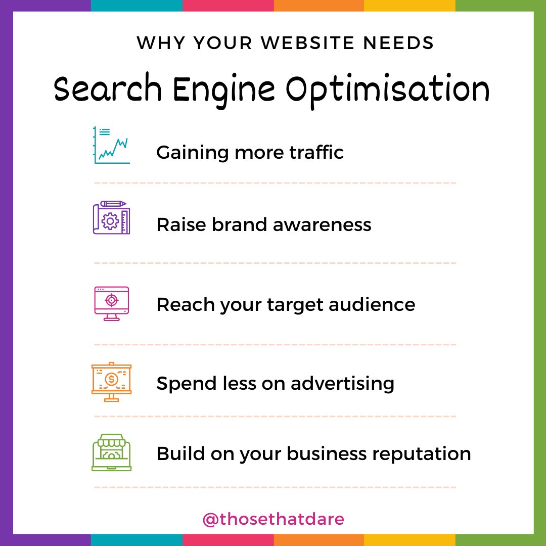 Why your website needs Search Engine Optimisation

-Gain more traffic
-Raise brand awareness
-Reach your target audience
-Spend less on advertising
-Build on your business reputation

#SearchEngineOptimisation #SEO