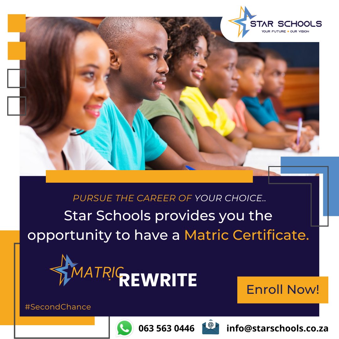 starschools's tweet photo. Matric Re-Write – Your Second Chance!

Star Schools offers you a second chance to attempt your matric for a better matric pass rate. Register with the best Rewrite Centre in the country to open your pathway to university education. 
#starschools #matricrewrite #education #Grade12 https://t.co/upgSALqhN8