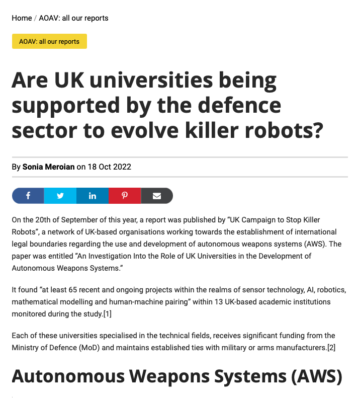 Are UK universities being supported by the defence sector to evolve killer robots?

This <a href="/AOAV/">Action on Armed Violence (AOAV)</a> article explore the findings of our investigation on the risks that university dual-use research could be incorporated into harmful weapons systems.

aoav.org.uk/2022/untitled-…