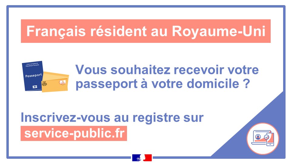 ConsulFranceUK's tweet photo. 📬Envoi du passeport à domicile
#ServiceConsulaire
ℹ️ Afin de vous éviter un second déplacement au consulat, vous pouvez demander l'envoi de votre passeport à votre domicile 📨🏠
Pour cela, vous devez être inscrit au registre et suivre les indications 👇🏼
https://t.co/AJwMvPXEWQ https://t.co/x6i2kecdEk