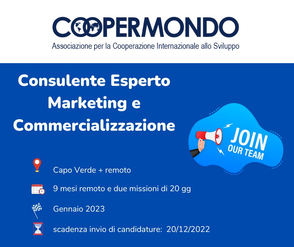 📢📢Coopermondo sta cercando un* Consulente Marketing e Commercializzazione in Capo Verde per il progetto Terra de Valore.
Scadenza vacancy:  20/12/2022 
Per tutti i dettagli visita:  coopermondo.it/wp-content/upl…
