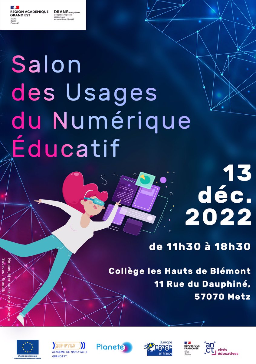 dane_nancy_metz's tweet photo. Projet #PLANETE_FEDER de l'@acnancymetz ⤵️
Salon des usages au laboratoire #numérique de Metz situé au collège @hautsdeblemont mardi 13 décembre 2022
#mosl 
#recherche 
@RA_GrandEst 
#ÉcoleInclusive 
#ÉcoleNumérique 
#NumériqueÉducatif https://t.co/3qC5pBxvOB