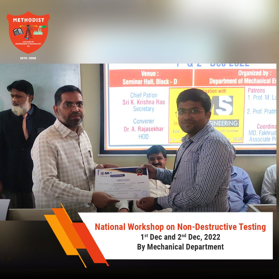 MCETHyderabad's tweet photo. A two day National Workshop on Non-Destructive Testing by Mechanical Department on 1st and 2nd of December - 2022.

#MCET #EngineeringWorkshop #Workshop #SkillDevelopment #EngineeringCollege #BestCollege #MethodistCollegeOfEngineeringAndTechnology #Engineering #Technology https://t.co/dKuEXG69N2
