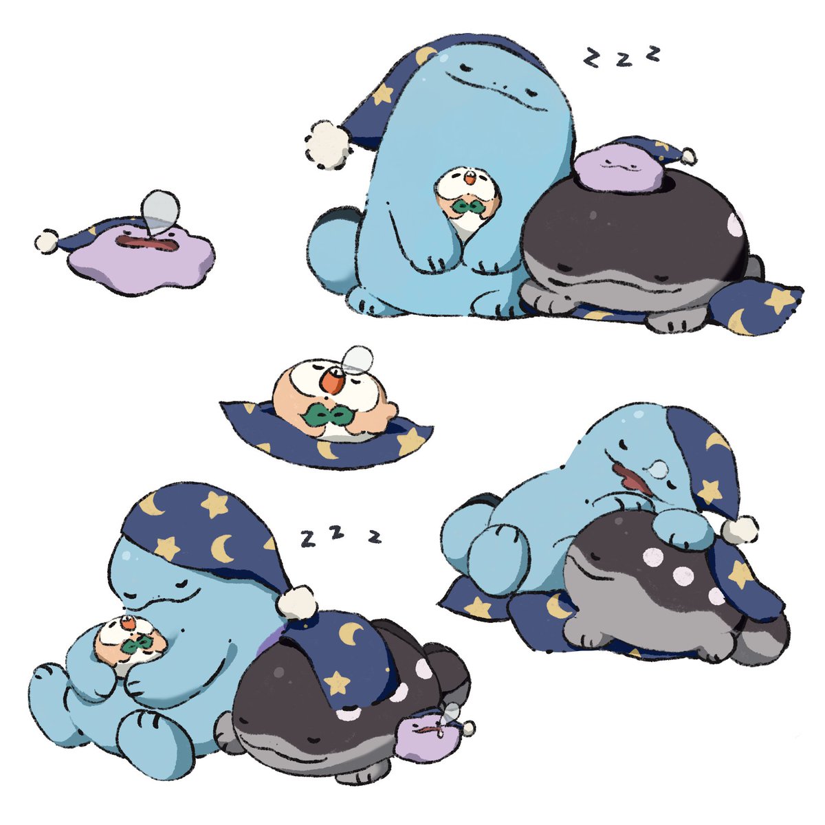 rowlet pokemon (creature) nightcap zzz sleeping no humans closed mouth closed eyes  illustration images