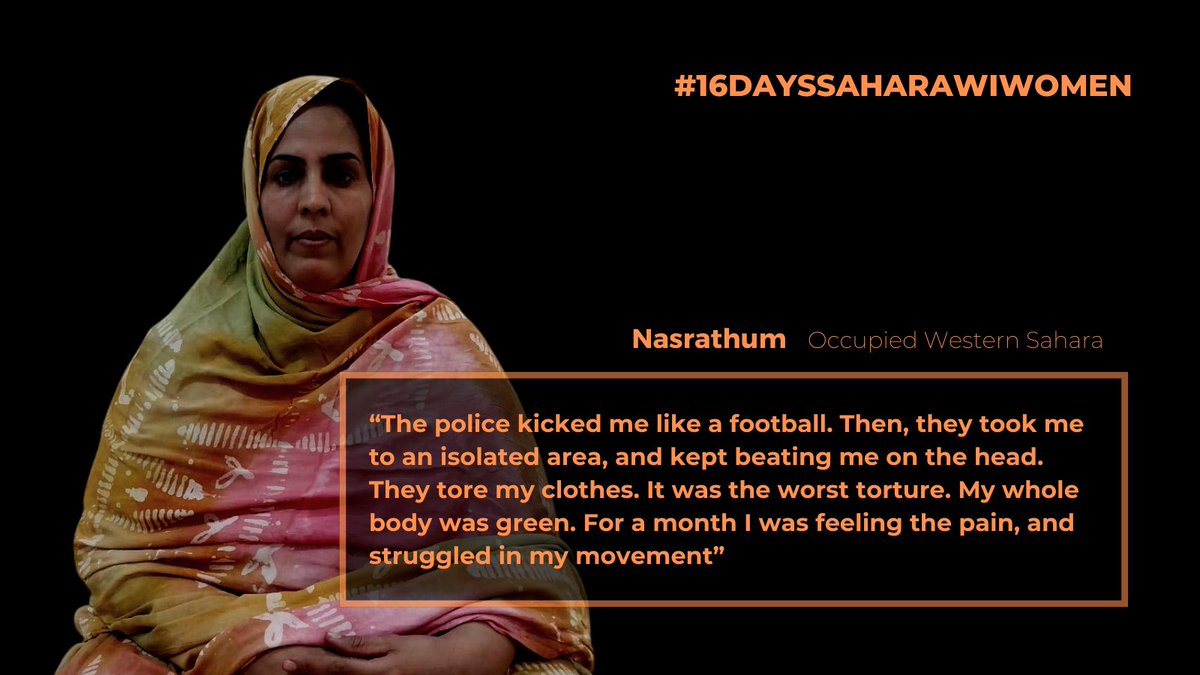 #16DaysSaharawiWomen 
End violence against Sahrawi women! For 16 days, we shed light on violence committed against women in occupied #WesternSahara. Part of the campaign #16DaysActivism. 
#OrangeTheWorld #WomenUnderOccupation