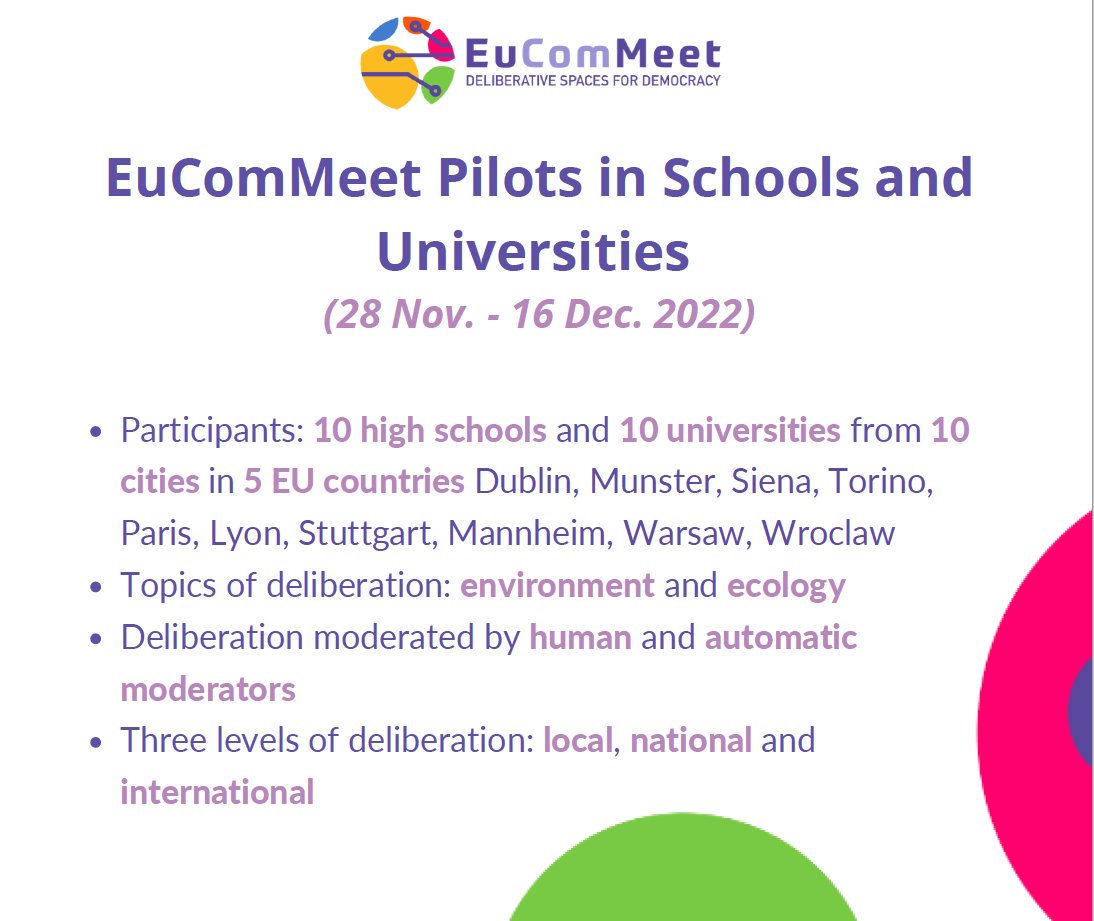 EuComMeet's tweet image. #EuComMeet pilots in schools and universities are currently taking place in 10 EU cities 🇪🇺
Students are invited to virtually #deliberate on environmental and ecological issues through human and #AutomatedModeration

Wish to learn more? Subscribe 
👉eucommeet.eu/newsletter/