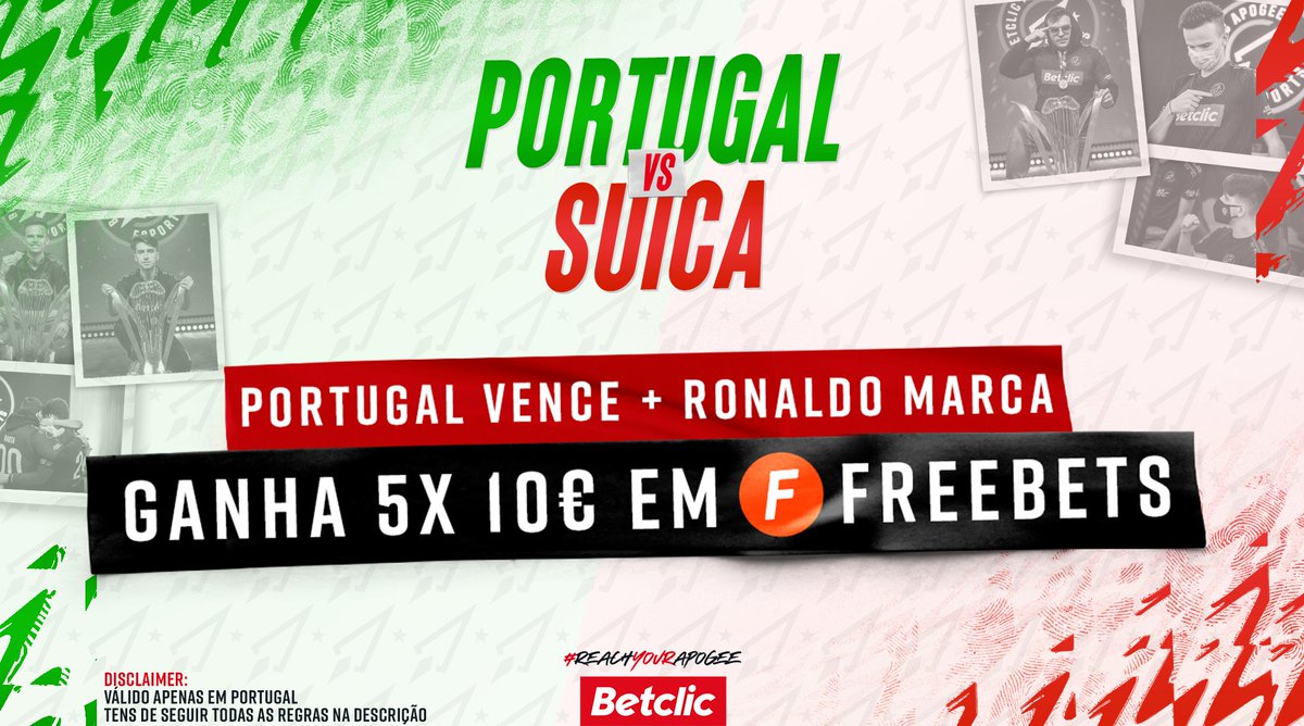 É dia de 🇵🇹!

Se Portugal vencer e C. Ronaldo marcar (apenas no tempo regulamentar), vamos sortear 10€ de Freebets para 5 pessoas! ⚽

- Segue a <a href="/BetclicApogee/">Betclic Apogee Esports</a>;
- Dá RT + FAV;
- Comenta o teu Username Betclic e marca um amigo;

Passatempo termina às 18h00.