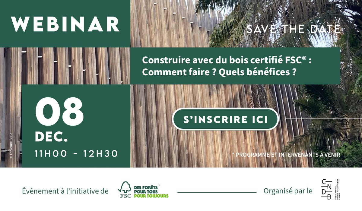 Webinaire : "Construire avec du bois certifié FSC : Comment faire ? Quels bénéfices ?"
8/12 | 11h-12h30.
fr.fsc.org/fr-fr/newsfeed…