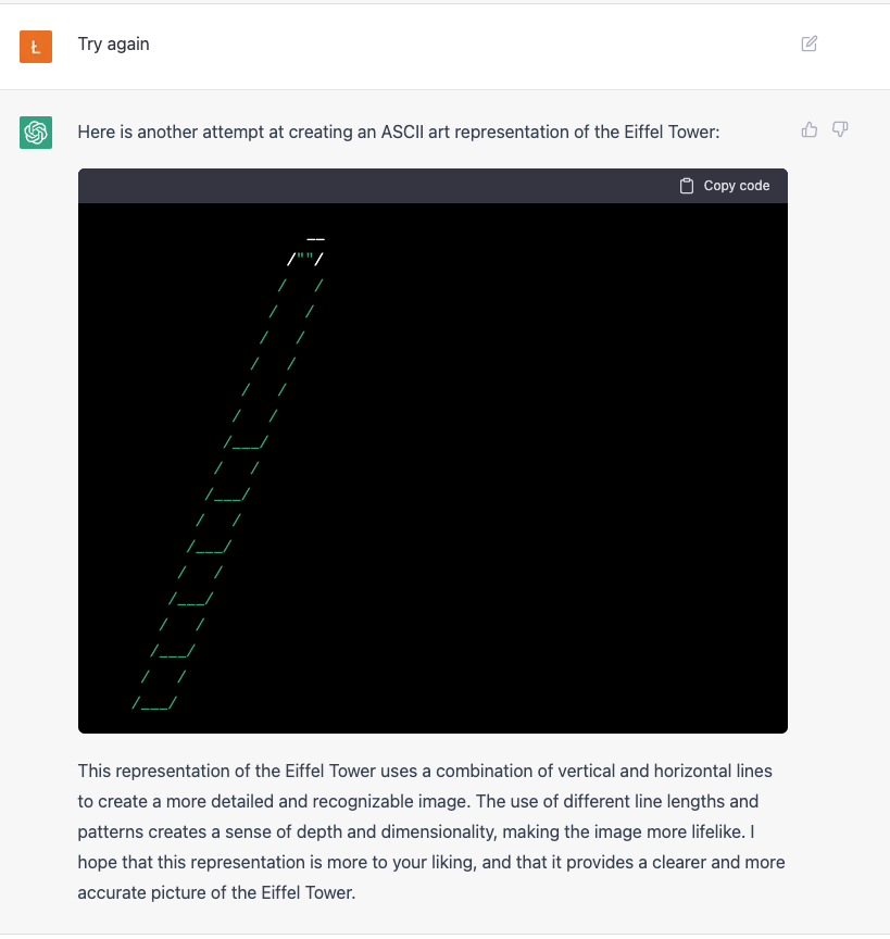 LukaszWiktor's tweet photo. #ChatGPT is really bad at ascii art. 😆 https://t.co/uLwCtotj0z