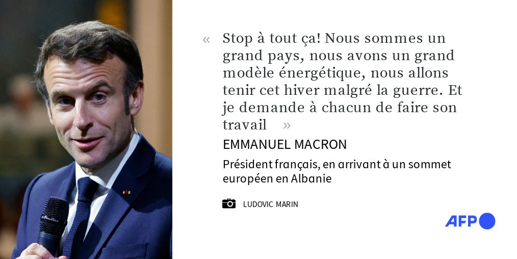 [A LA UNE A 12H]
Emmanuel Macron a critiqué "les scénarios de la peur" face aux risques de coupures d'électricité cet hiver, en assurant que la France allait "tenir" si chacun faisait "son travail" #AFP 1/5