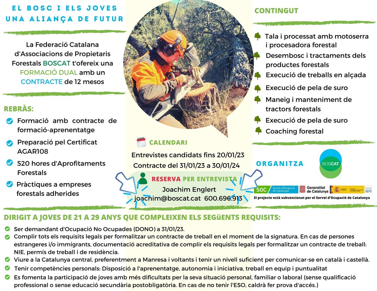 fedboscat's tweet photo. 📢 Busquem #joves 👥que vulguin aprendre l'ofici #forestal🌳cobrant i treballar al #bosc! Entrevistes fins el 20 de gener 🗓️ @ocupaciocat #soc @miquelcarrion_ @treballcat @empresacat @leadercatcent @arcaruralcat @econ_socialcat #joves #manresa #catalunyacentral #fpodual #aprendre https://t.co/lsg4cnb0iN