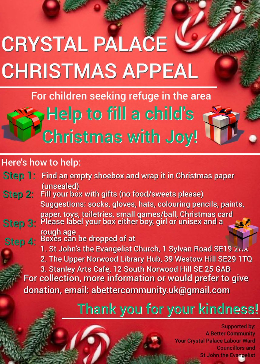 PatsyjCummings's tweet image. In this festive season let's share a little joy with some of the children in our community seeking refugee. Please make a donation or fill a Christmas shoebox, drop it off locally @UpperNorLibHub, @StJohnsSE19 @Stanley_Arts or it can be collected. Thank you🙏🏾