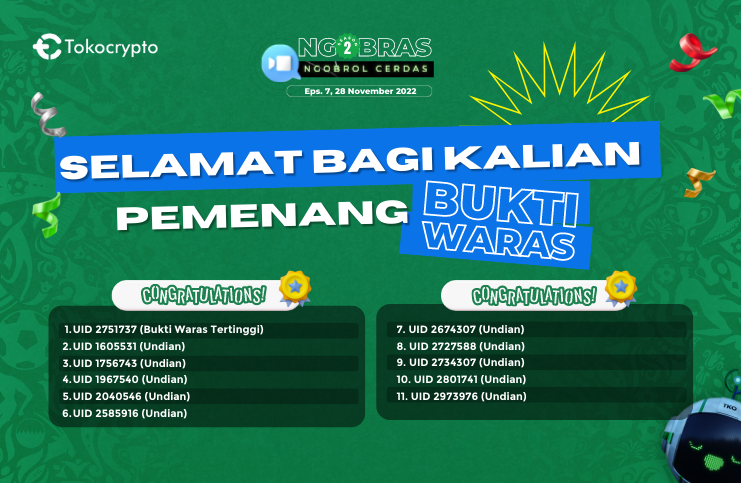 Tokocrypto's tweet photo. Hi Tokonauts! 
Pengumuman pemenang #BuktiWaras #NGOBRAS Eps 7  dapat kamu lihat di: https://t.co/IIjZuHdnPw

Terima kasih Tokonauts yang sudah ikut berpartisipasi, sampai jumpa di event selanjutnya! 

#Tokocrypto #SiapLebihCuan https://t.co/f3YtIcfAgE