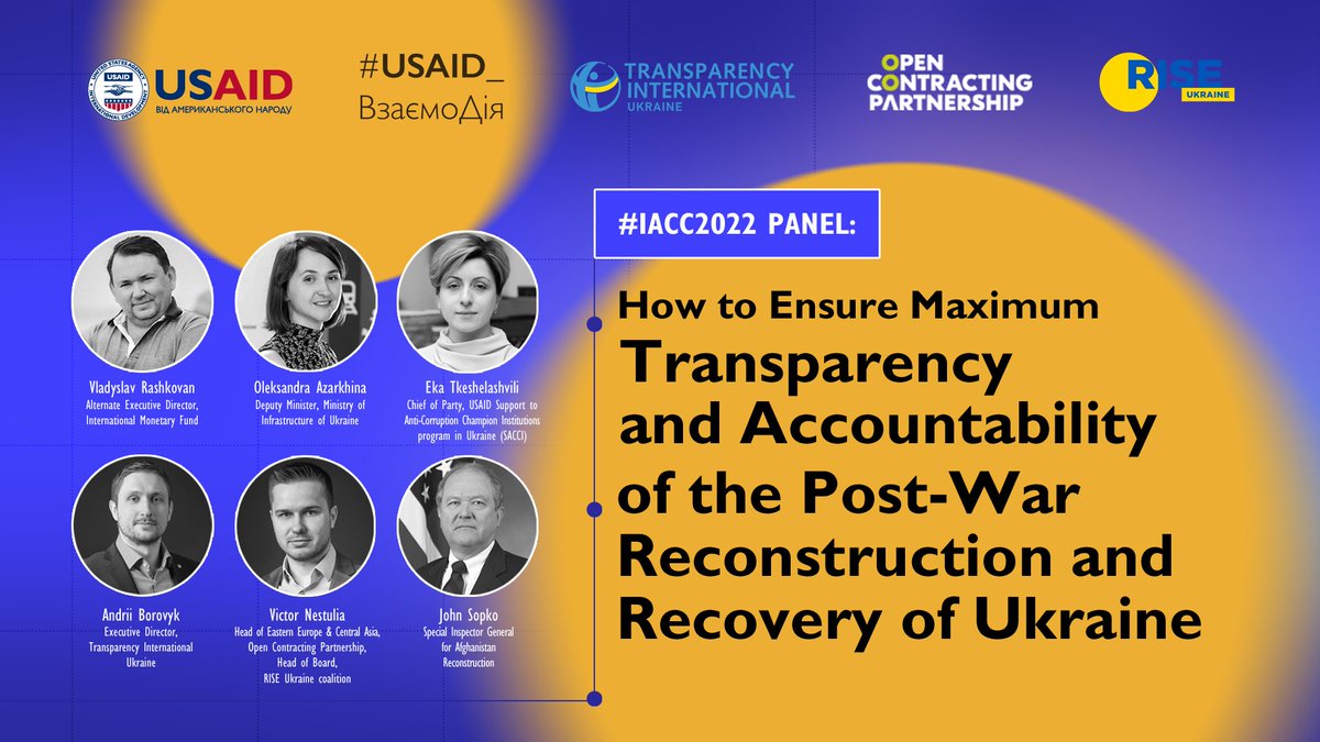 TI_Ukraine_eng's tweet photo. Transparency and accountability are key preconditions for Ukraine’s recovery. 
Join us tomorrow at #IACC2022 to learn more about UA efforts and US experience on tackling #corruption risks during post-war reconstruction process. https://t.co/k8vTsdU3gB