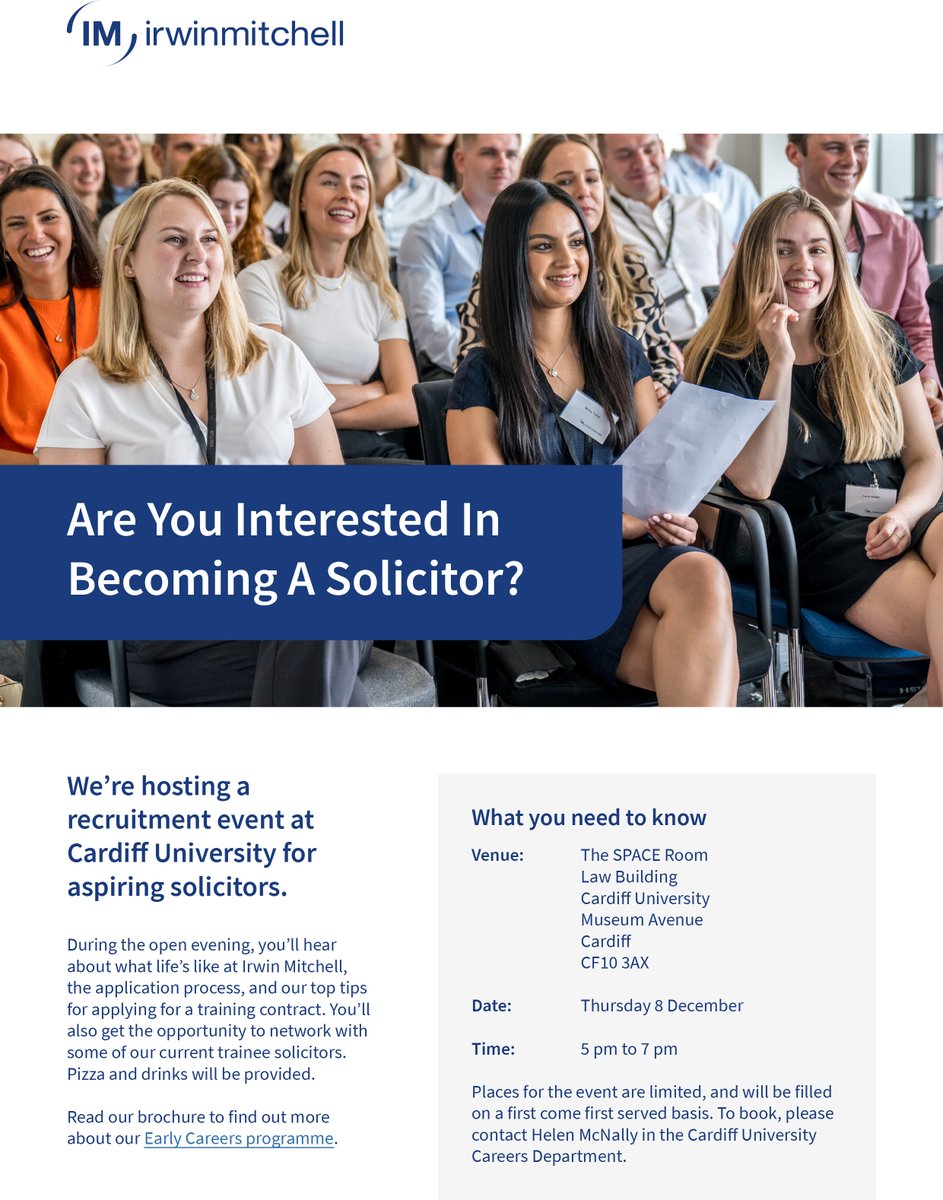 Are you an aspiring solicitor? If so, join Irwin Mitchell during our open evening, this Thursday 8 December 17:00 - 19:00 at the Law Building. To book please contact Helen McNally in Student Futures Find out more: bit.ly/3iKqBD6