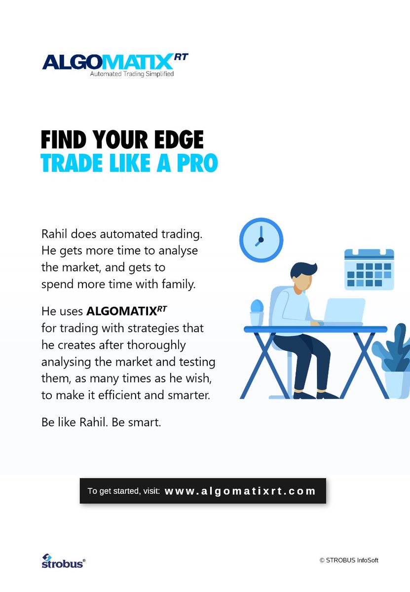 Find Your Edge.
Trade Like A Pro.
With ALGOMATIX-RT, create your strategies. Test them as many times as you wish to make it efficient and smarter to trade.
#AutomatedTradingSimplified #RetailTrading #AlgorithmicTrading #AlgoTrading#AlgoStrategies #Automation ⁦<a href="/AlgoMatixRT/">AlgoMatixRT</a>⁩