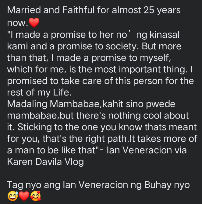 rsw_ness's tweet photo. In a world where unfaithfulness is the trend, there's an Ian Veneracion who stands to be faithful in his wife for almost 25 years. 🥰

Sana all, Ian Veneracion. 😍

#pctto https://t.co/chPn6c6p6O