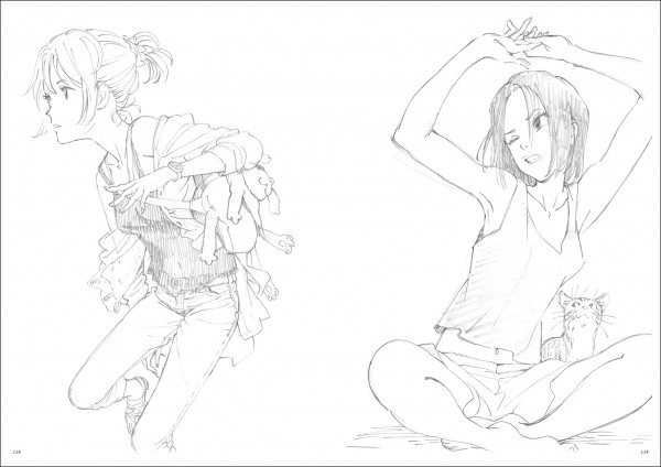 オリジナルイラスト以外の収録作品は『あらいぐまラスカル』『寄生獣 セイの格率』『ユーリ!!! on ICE』のキャラデザイン構築段階で描かれたデザインのラフ、『新世紀エヴァンゲリオン』『フリクリ』「アインザッツ」のイラストのために描かれたラフです。