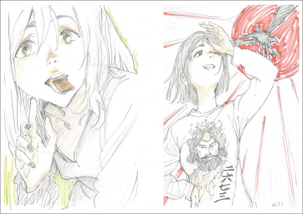 オリジナルイラスト以外の収録作品は『あらいぐまラスカル』『寄生獣 セイの格率』『ユーリ!!! on ICE』のキャラデザイン構築段階で描かれたデザインのラフ、『新世紀エヴァンゲリオン』『フリクリ』「アインザッツ」のイラストのために描かれたラフです。