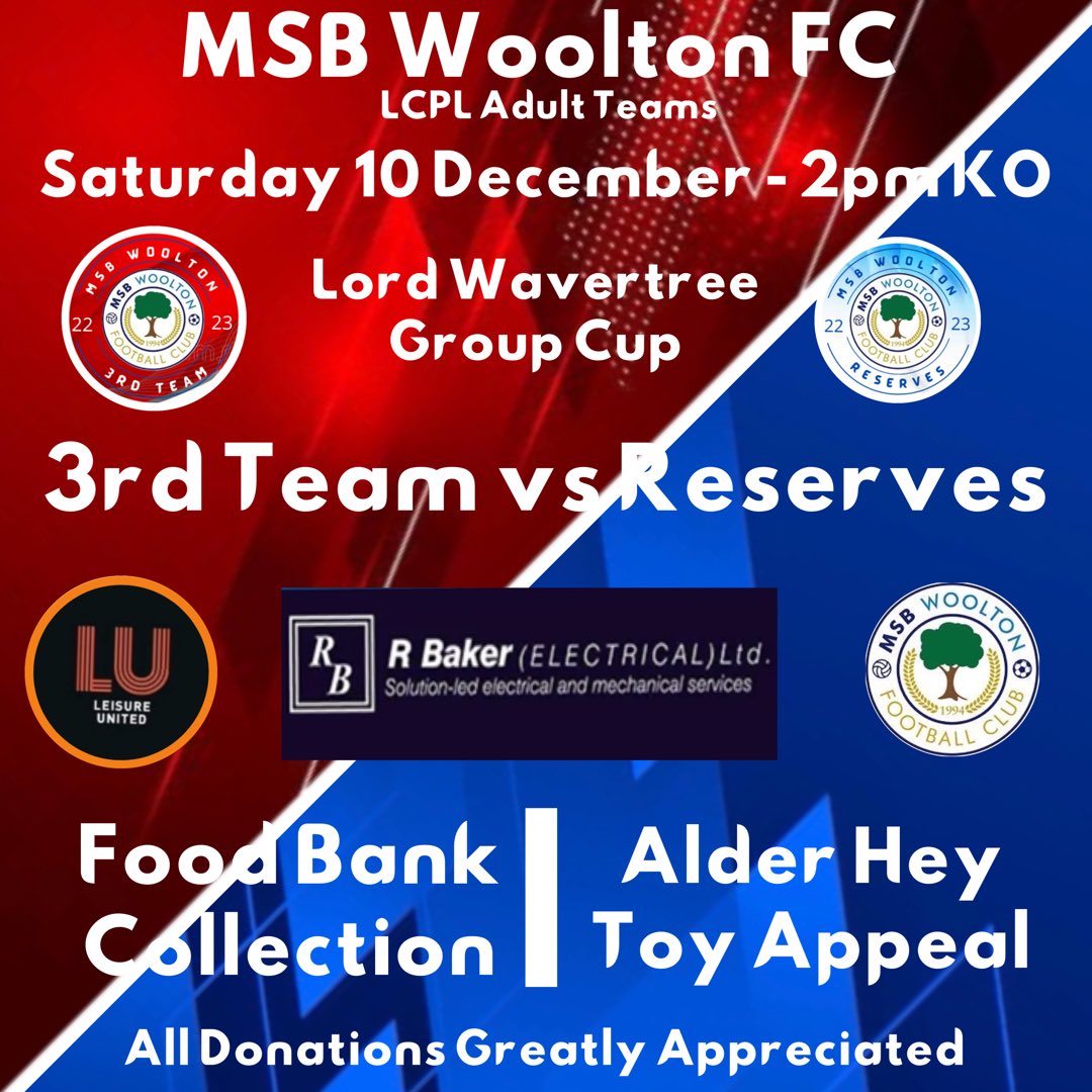 MSB Woolton FC (1st, Ressies, 3rd’s & U23 Teams) (@msbwooltonlcpl) on Twitter photo Special occasion this Saturday as for the first time @MSBWOOLTONLCPL
3rds 🆚 Reserves
<a href="/LCPL2012/">Liverpool CPL</a> Lord Wav’ Group Cup
Hoping for a good crowd <a href="/SimpsonFC_/">Football at Simpson</a> 2pm KO
We’re also collecting for local foodbank and Alder Hey toy appeal
All donations greatly appreciated
#upthewoo 🔵 Special occasion this Saturday as for the first time @MSBWOOLTONLCPL
3rds 🆚 Reserves
<a href="/LCPL2012/">Liverpool CPL</a> Lord Wav’ Group Cup
Hoping for a good crowd <a href="/SimpsonFC_/">Football at Simpson</a> 2pm KO
We’re also collecting for local foodbank and Alder Hey toy appeal
All donations greatly appreciated
#upthewoo 🔵