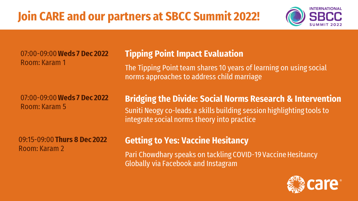 If you're eating up the norms content at the #SBCCSummit then keep it going with <a href="/CARE/">CARE (care.org)</a> 's sessions on Wednesday!