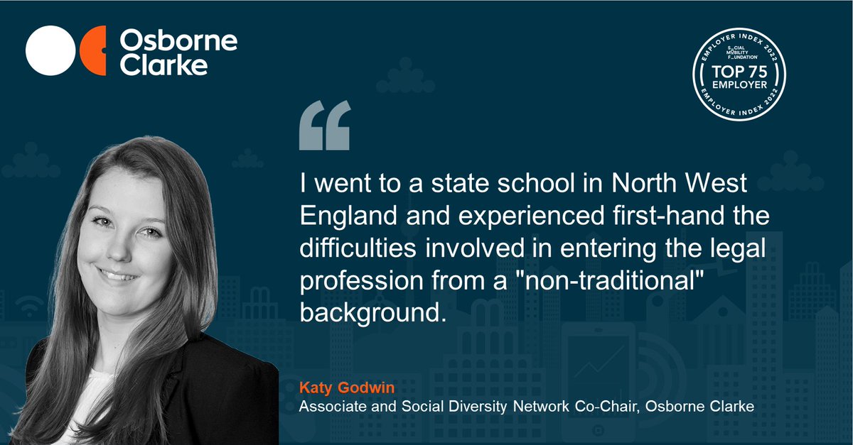 OsborneClarke's tweet photo. We're proud to be a top 75 employer in the @SocialMobilityF Employer Index.

It is promising that 34% of all entrants were from the legal sector and that we placed 26th. But more can be done, we urge more firms to enter in 2023
#SMFIndex22 #SMFIndex22

https://t.co/DhIY9wBipz https://t.co/aiQAONAYZE
