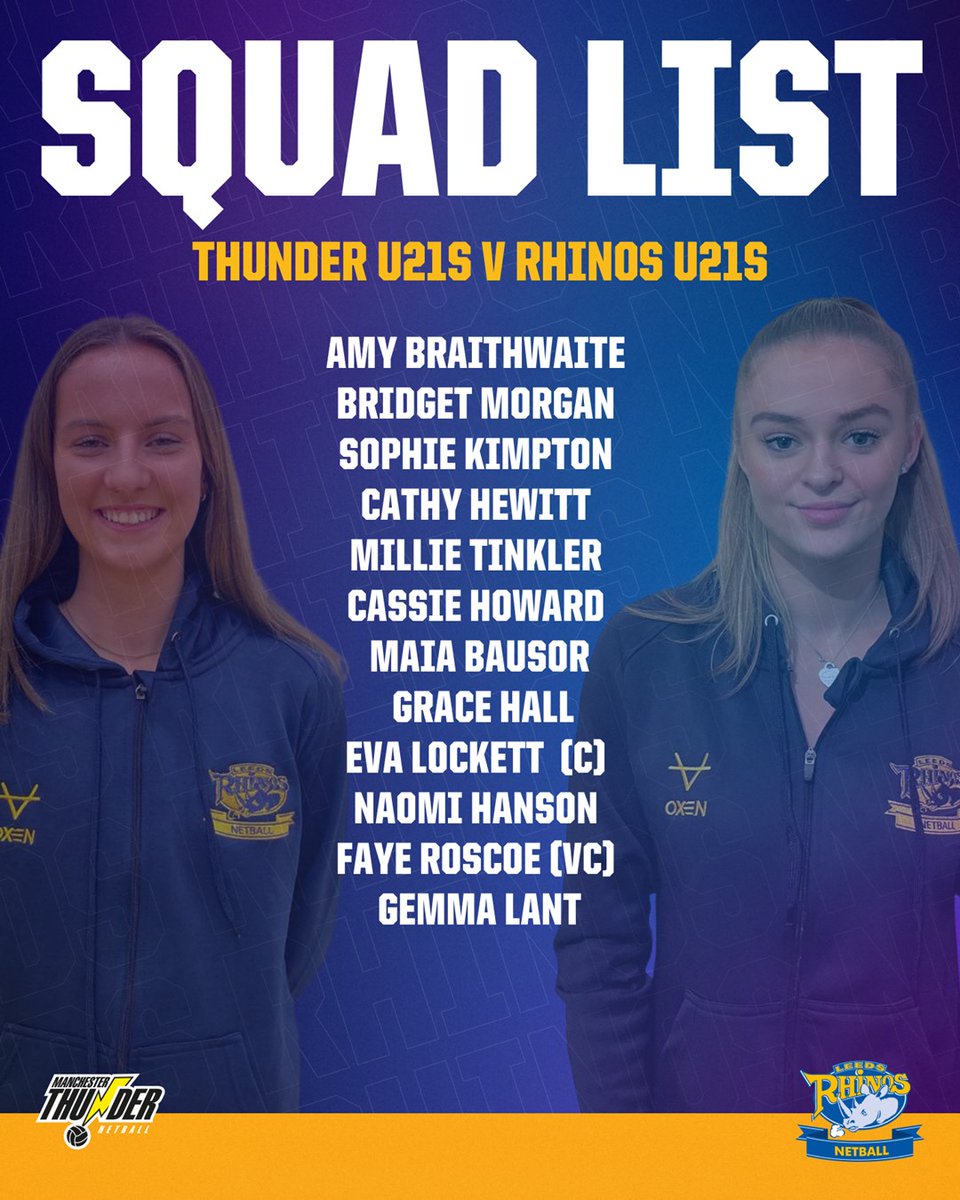RhinosNetballSL's tweet photo. Good luck to our Under-21s who are in action today against @thundernetball, FCP 7pm.

#TeamRhinos https://t.co/KtOPIMfBpr