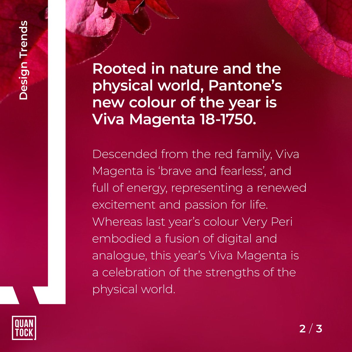 quantockstudio's tweet image. We&apos;re super excited that we&apos;re entering the #magentaverse thanks to Pantone announcing &apos;Viva Magenta&apos; as 2023&apos;s colour of the year. Embodying a renewed enthusiasm for the physical world, Viva is a celebration of original matter.
#pantone #pantone2023 #pantonecoloroftheyear