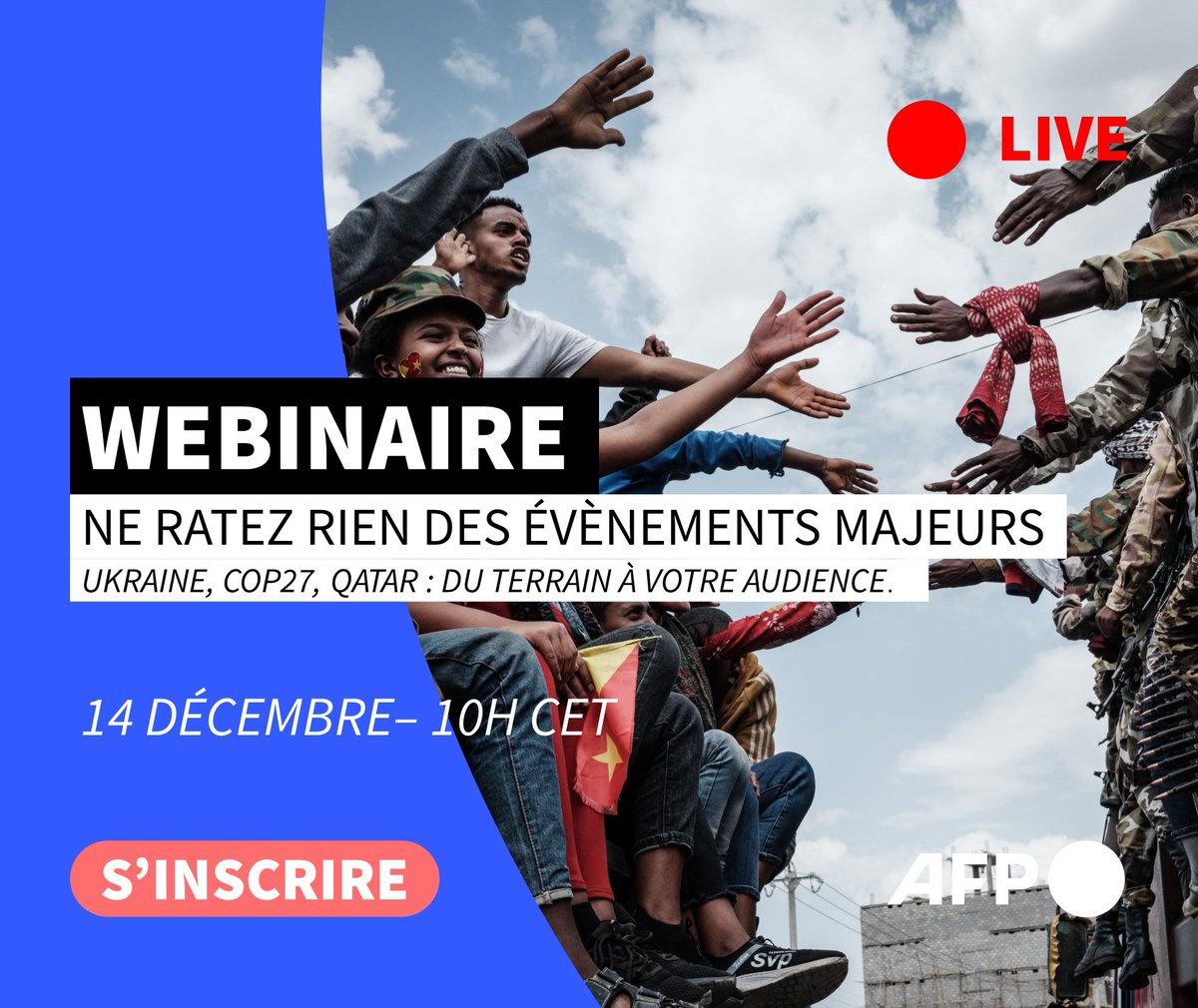 AFPcom's tweet photo. 📺 [WEBINAIRE] Comment l’#AFP couvre les grands événements qui font vibrer l’actualité mondiale 🌍
🗣 Catherine Triomphe, adjointe à la redchef centrale AFP, répondra aux questions de la journaliste Gaëlle Millon.
📆 14 décembre à 10h
👉 Inscriptions : https://t.co/6xyMEPz6tJ https://t.co/D2CkwluXJX
