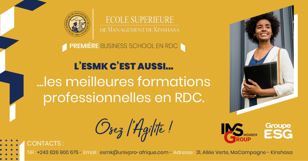 ESMK_Kinshasa's tweet photo. La formation professionnelle est une étape décisive dans la vie d'un jeune. Donc le choix de l'école est déterminant.
L'ESMK, ce sont les meilleures formations professionnelles en RD Congo.
#businessschool #Managementchool #Osezlagilite #Kinshasa #Rdcongo #Ecoleformation https://t.co/7FBqo0m0tJ