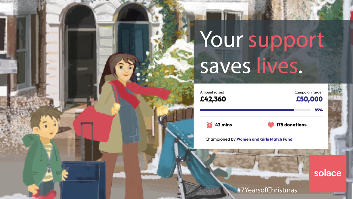 SolaceWomensAid's tweet photo. Just over half an hour left! Time is running out to double your support for survivors in London. We are so close to reaching our £50,000 target. Please help us, every £1 gets us closer to our goal. Donate now https://t.co/qH8jDQL5O4 #7YearsOfChristmas #EndVAWG #TheBigGive #London https://t.co/X52BSN6aM2