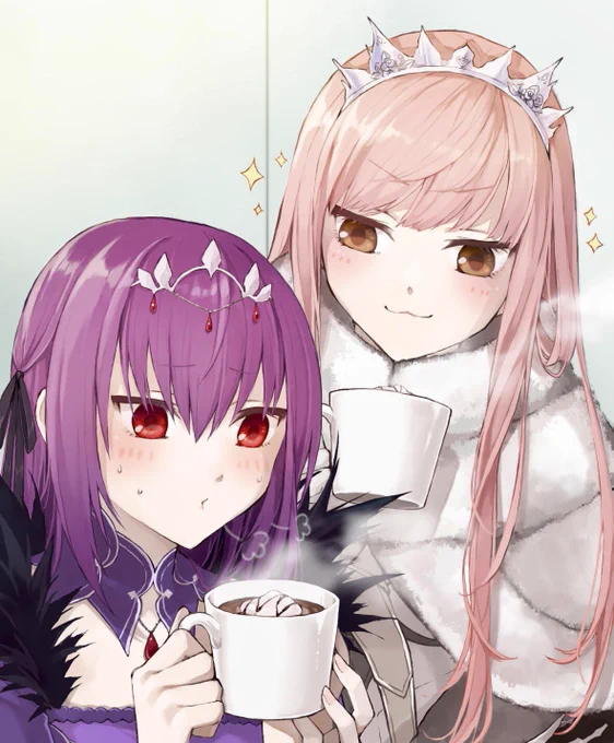 毎日寒いので暖かい飲み物を飲んでるメイヴちゃんとスカディ様を描きましたスカディ様熱いの苦手そうだから飲めるのか分からないけど…#FGO 