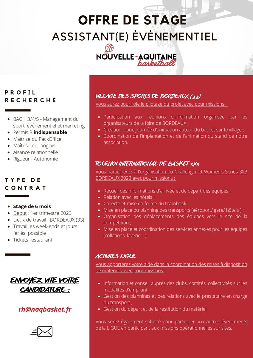 #RECRUTEMENT
La Ligue Nouvelle-Aquitaine de Basket recherche 𝐮𝐧(𝐞) 𝐚𝐬𝐬𝐢𝐬𝐭𝐚𝐧𝐭(𝐞) 𝐞́𝐯𝐞́𝐧𝐞𝐦𝐞𝐧𝐭𝐢𝐞𝐥.
⏱Stage de 6 mois (ou alternance selon les modalités)
🗓Début: 1er trimestre 2023
📍Bordeaux (33)
📥Postulez avant le 15/01 sur: 𝐫𝐡@𝐧𝐚𝐪𝐛𝐚𝐬𝐤𝐞𝐭.𝐟𝐫
