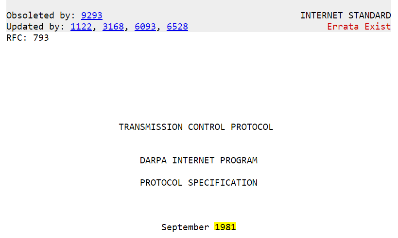 Mallavibarrena's tweet image. #Retrocomputing #TCP_IP 
The first version of the protocol TCP (circa 1981) 
rfc-editor.org/rfc/rfc793