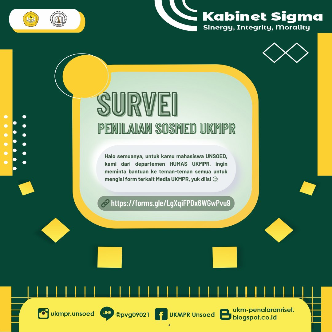 [ SURVEY PENILAIAN SOSMED UKMPR ]

Halo semuanya, untuk kamu mahasiswa UNSOED, kami dari departemen HUMAS UKMPR, ingin meminta bantuan ke teman-teman semua untuk mengisi form terkait Media UKMPR, yuk diisi 😊

forms.gle/LgXqiFPDx6WGwP…

Terima kasih😉