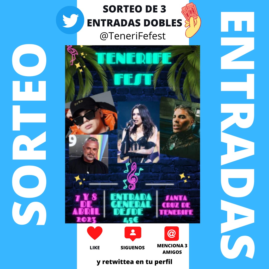 TenerifeFest's tweet photo. SORTEO DE ENTRADAS DOBLE!! 🎟️
¿Quieres ganar una entrada doble para venir a disfrutar de nuestro festival con quién tú quieras? 🎶👫
-Dale like al post
-Siguenos en Twitter @TenerifeFest 
-Menciona a 3 amigos
-Retwittea en tu perfil
El sorteo se cierra el 24 de diciembre 
SUERTE! https://t.co/7ubgGMW73F