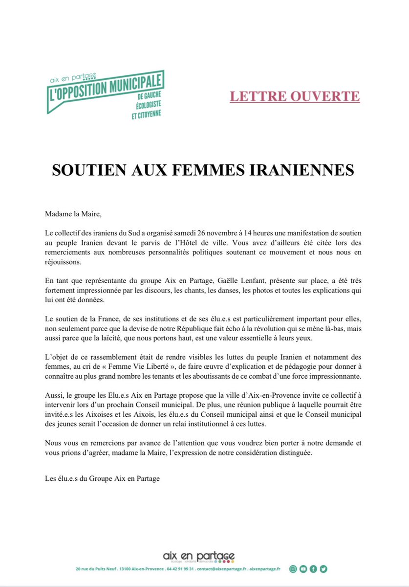 aixenpartage's tweet photo. ✉️📣 Retrouvez notre lettre ouverte en soutien aux femmes iraniennes. 

Cette lutte fondamentale pour le droit des femmes, mais aussi pour l’égalité et la liberté, fait écho aux valeurs que nous portons chaque jour dans notre République !

⤵️⤵️ https://t.co/Igzcie9E4C