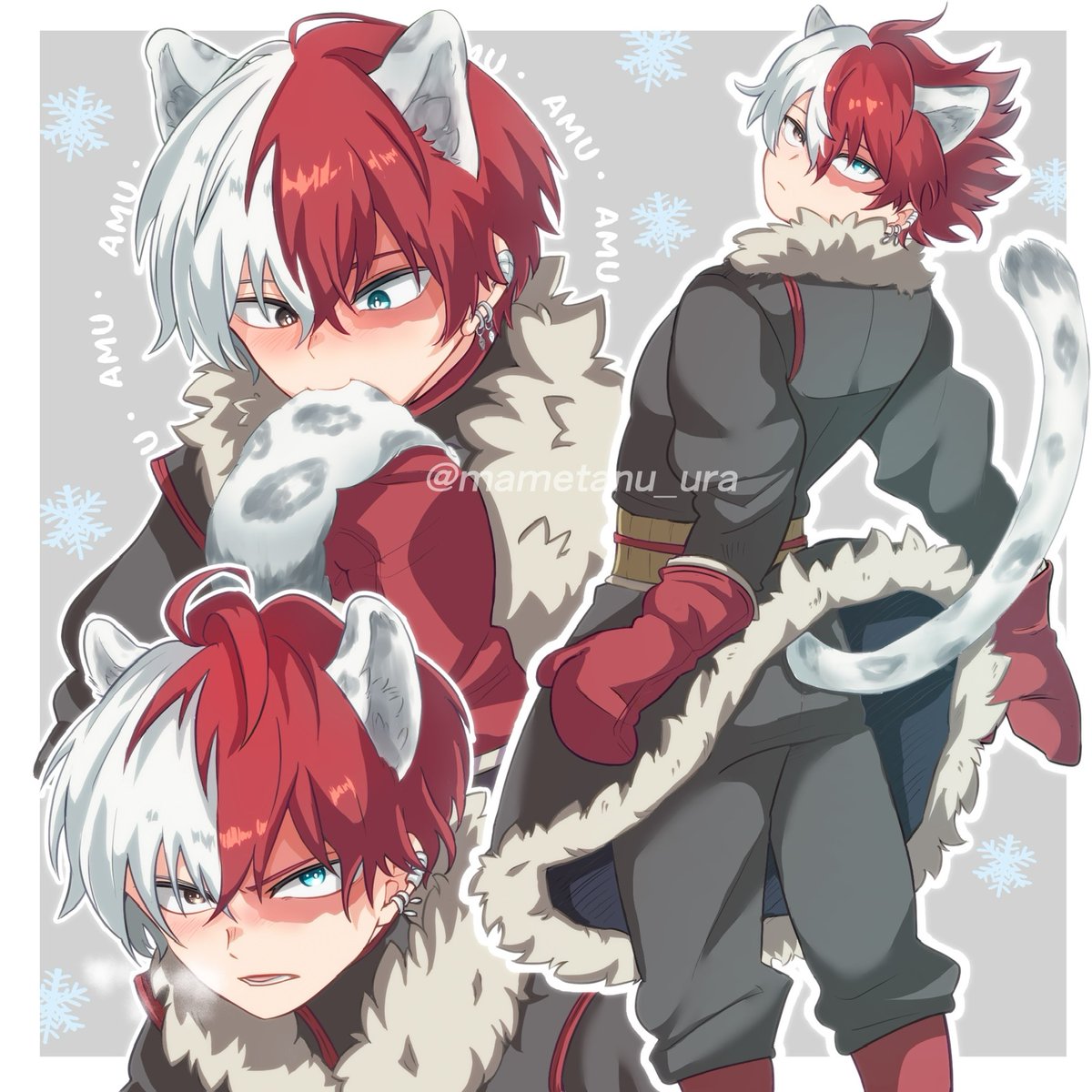 todoroki shouto 1boy male focus red hair animal ears tail scar scar on face  illustration images