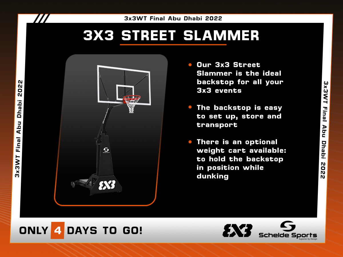 Only 4 days to go before the FIBA 3x3 World Tour Final begins in Abu Dhabi. In our 3x3 range, we have a backstop ready for any level of competition or event. The 3x3 Street Slammer is the street version of our flagship SAM 3x3 and the ideal backstop for all your 3x3 events.