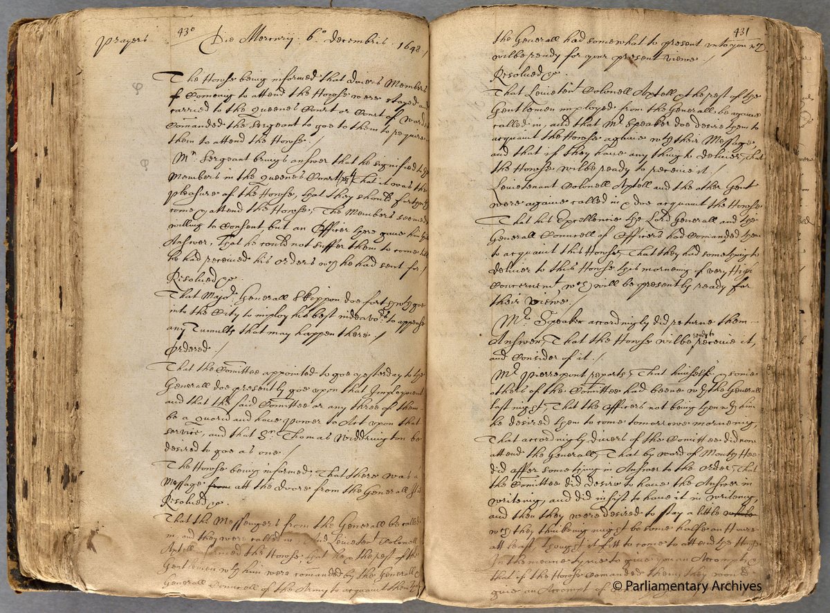 UKParlArchives's tweet photo. #OTD in 1648, Colonel Thomas Pride & his soldiers arrested 45 MPs likely not to support the King's removal after his defeat in the Civil War. Known as Pride’s Purge, it began the process leading to Charles I's execution. Here is the Commons Journal entry for that day. #TowerRex https://t.co/ECRXgOVYWE