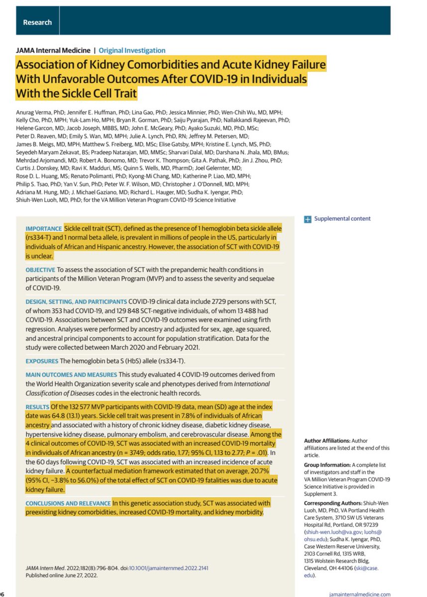 WesElyMD (@weselymd) on Twitter photo Sickle Cell Trait (SCT) = adverse prognostic factor for COVID
โ๏ธ N= 132,000 pts 
โ๏ธ People of African ancestry w SCT had 77% higher odds of COVID-19 death partly due to acute kidney failure
โ๏ธ SCT is now on the list of risk factors for poor COVID outcome
bit.ly/3U7YPxD Sickle Cell Trait (SCT) = adverse prognostic factor for COVID
โ๏ธ N= 132,000 pts 
โ๏ธ People of African ancestry w SCT had 77% higher odds of COVID-19 death partly due to acute kidney failure
โ๏ธ SCT is now on the list of risk factors for poor COVID outcome
bit.ly/3U7YPxD